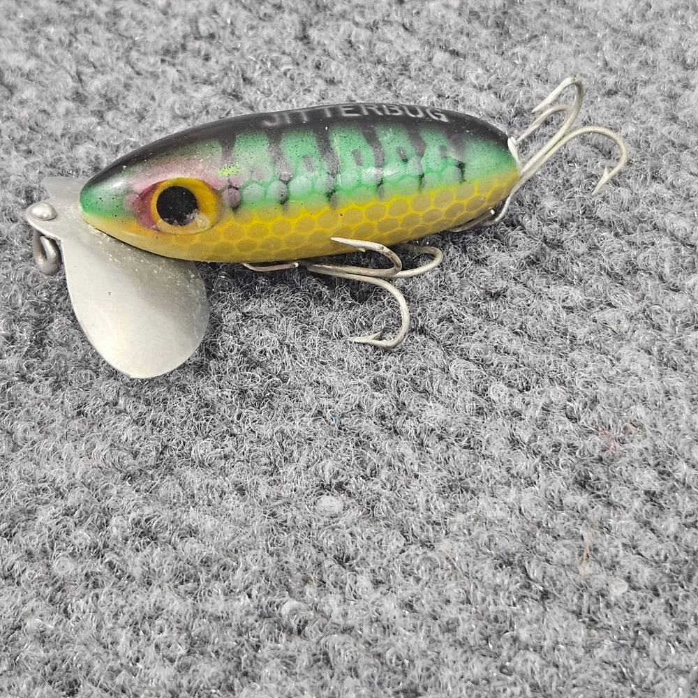 Vintage Fred‎ Arbogast Jitterbug Topwater Lure Frog Green Black Spotted 60s USA